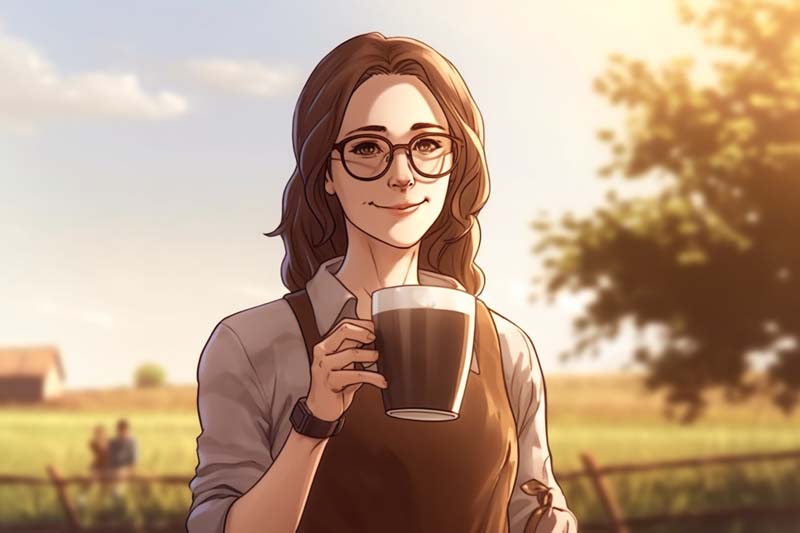 Leanne on a farm holding a cup of tea